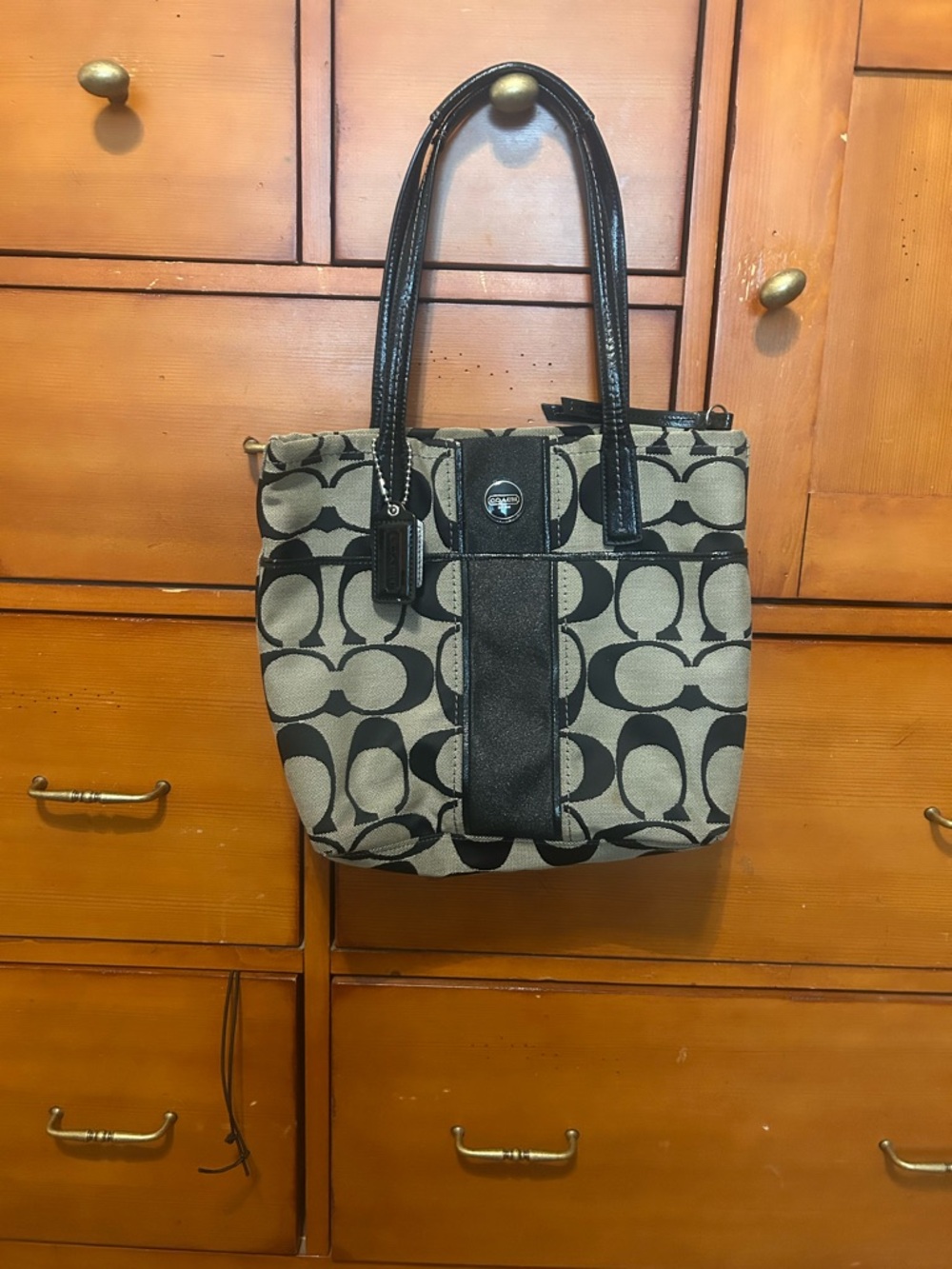 Coach Canvas Tote in Khaki and Black with Signature C Print